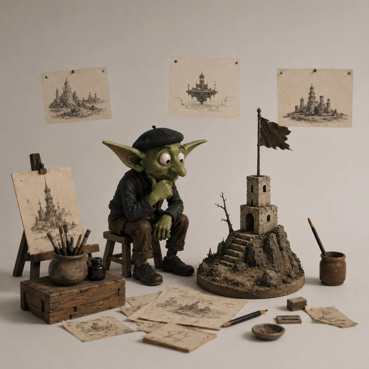 Thoughtful goblin artist sketching a miniature tower and imaginary worlds.