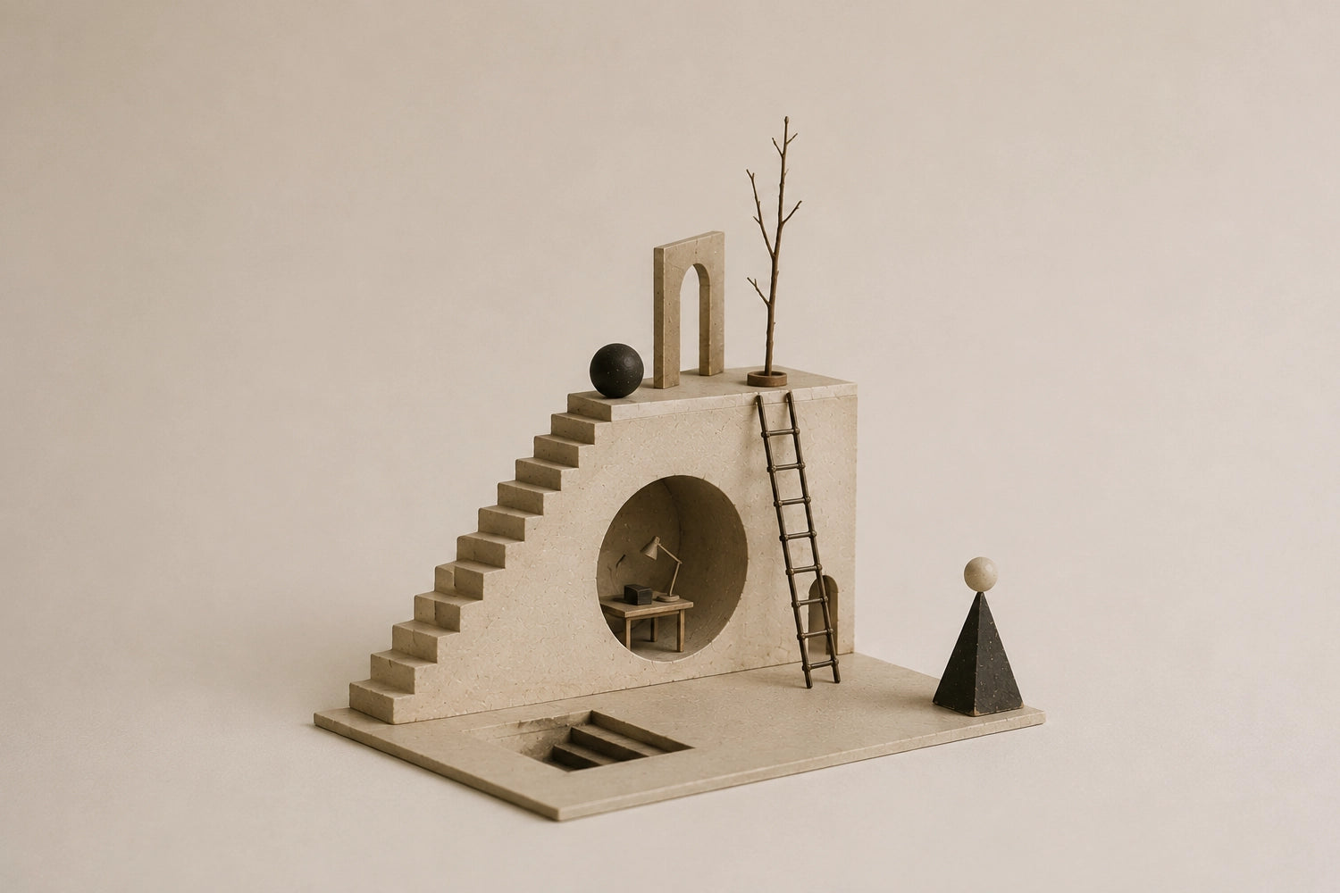 Surreal architectural model with stairs, ladders and geometric forms.