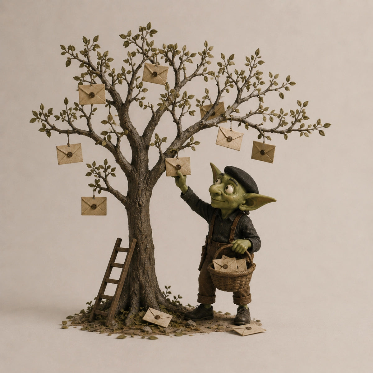 Goblin gathering letters from a tree that grows envelopes.