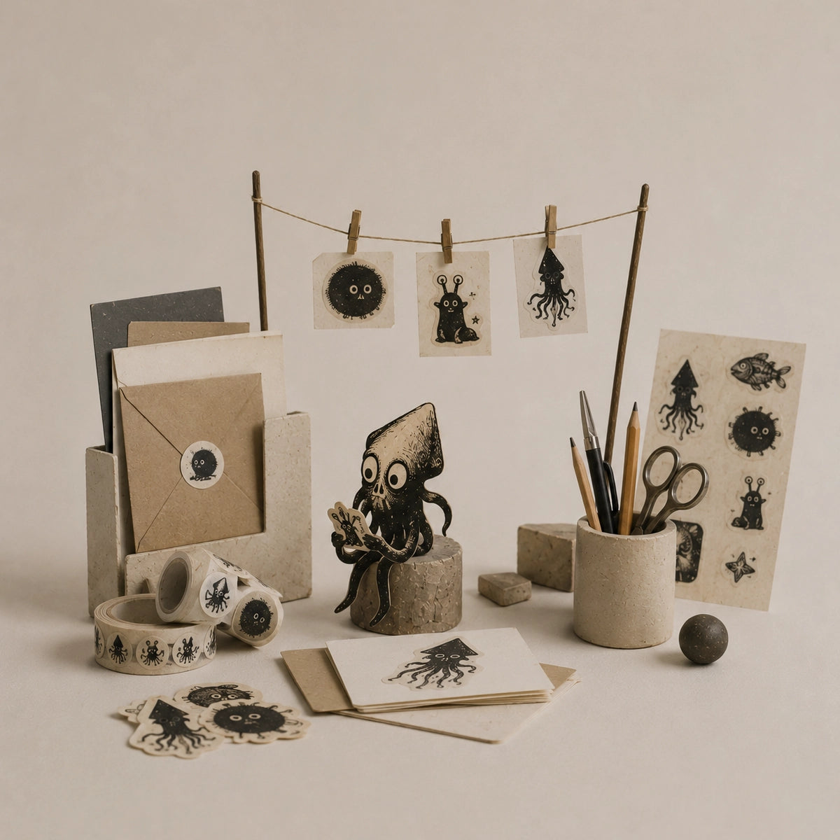 Stationery, stickers and illustrated paper goods arranged as a small studio display.