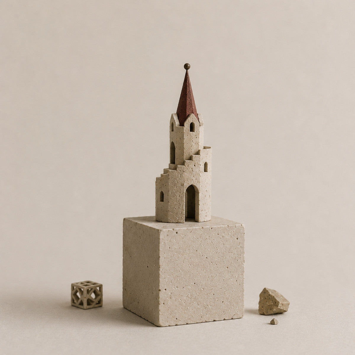 White miniature castle with a tower and red roof on a textured cube, displayed with a small geometric cube and scattered stones.
