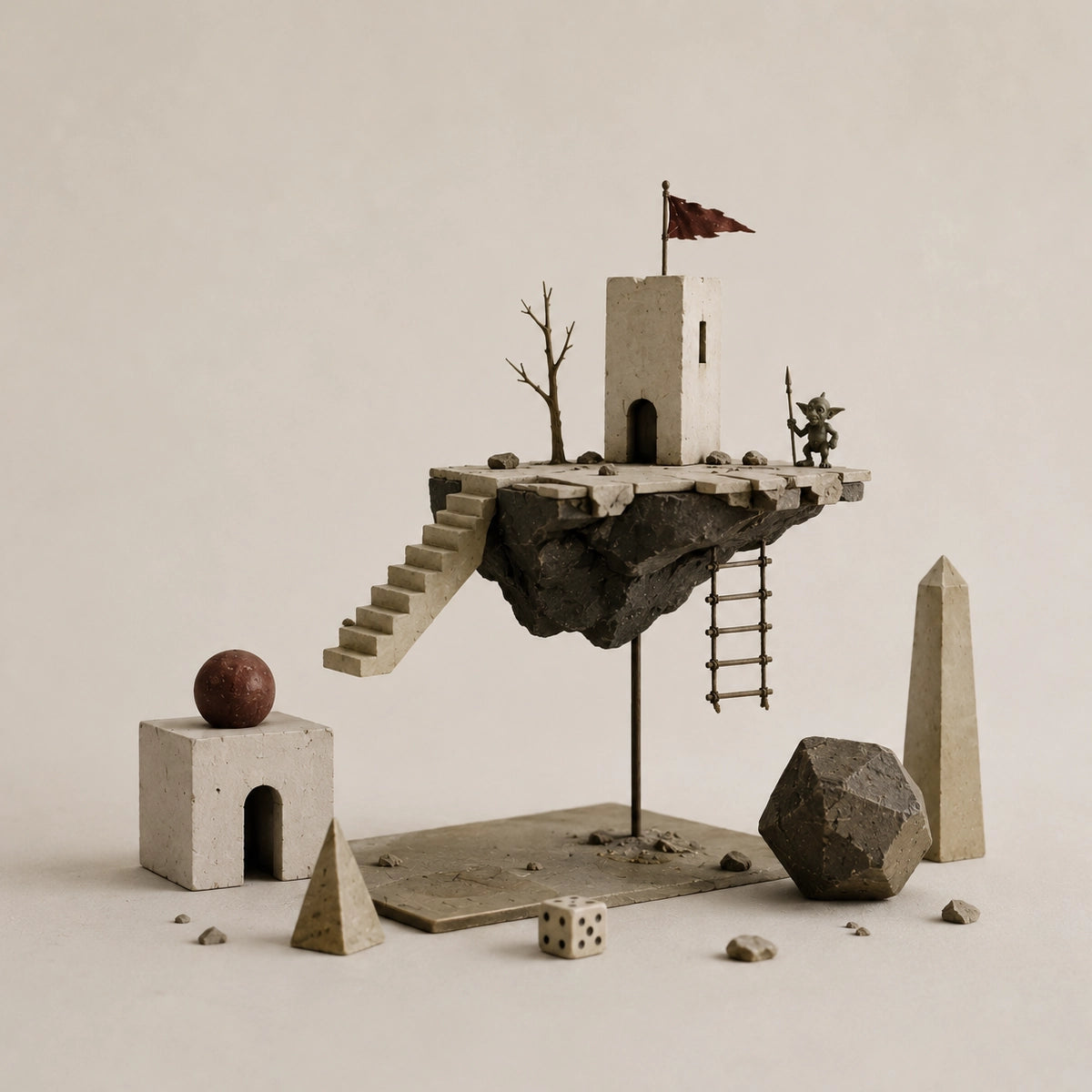 Miniature fantasy landscape with floating island, tower and tiny goblin explorer.